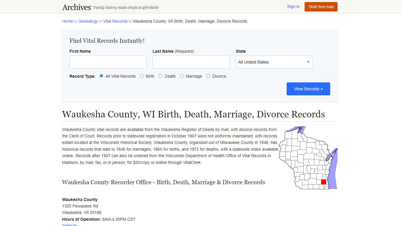Waukesha County, WI Birth, Death, Marriage, Divorce Records